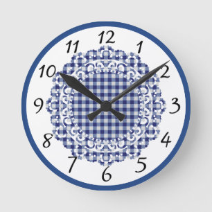 Farmhouse Landhaus Blau Gingham Runde Wanduhr
