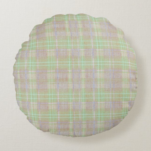 Farmhouse Neutral Sage Plaid Rundes Kissen (Vorderseite)
