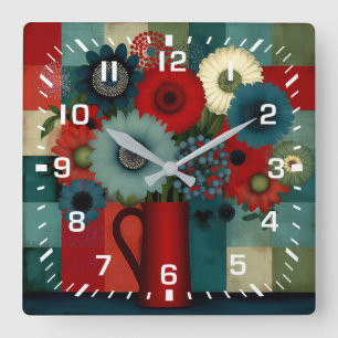 Farmhouse-Patchwork-Blaues Beerenbouquet Quadratische Wanduhr