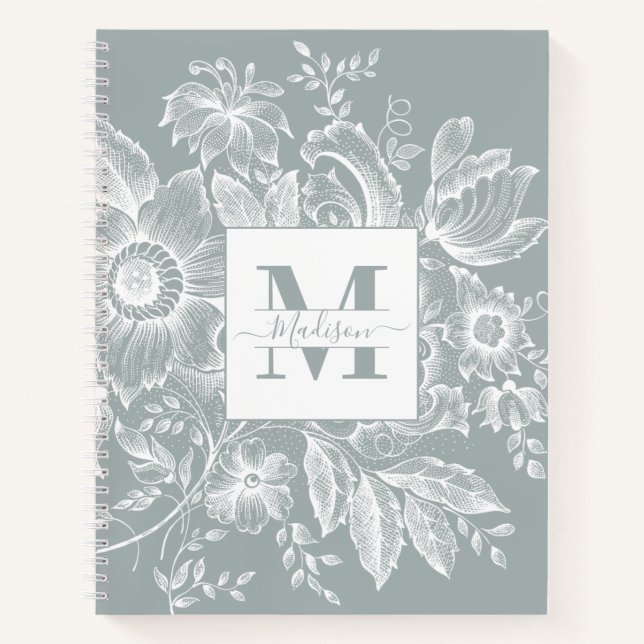 Farmhouse Peony Monogram Navy Französisch Light Gr Notizbuch (Vorderseite)