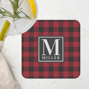 Farmhouse-Rot-Buffalo-Check-Familienname-Monogramm Rechteckiger Pappuntersetzer