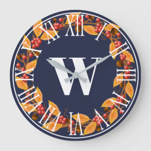 Farmhouse Rustic Fall Wreath & Navy Große Wanduhr