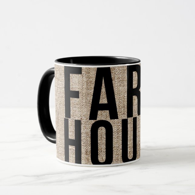 FARMHOUSE Schwarze Beschriftung Rustikale Jute-Ver Tasse (Vorderseite Links)