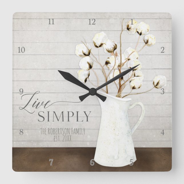 Farmhouse Shiplap Wood Live Simply Pitcher Cotton Quadratische Wanduhr (Vorderseite)