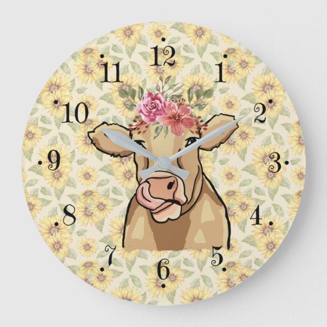 Farmhouse Sunflower Country Milk Cow Wall Clock Große Wanduhr (Vorderseite)