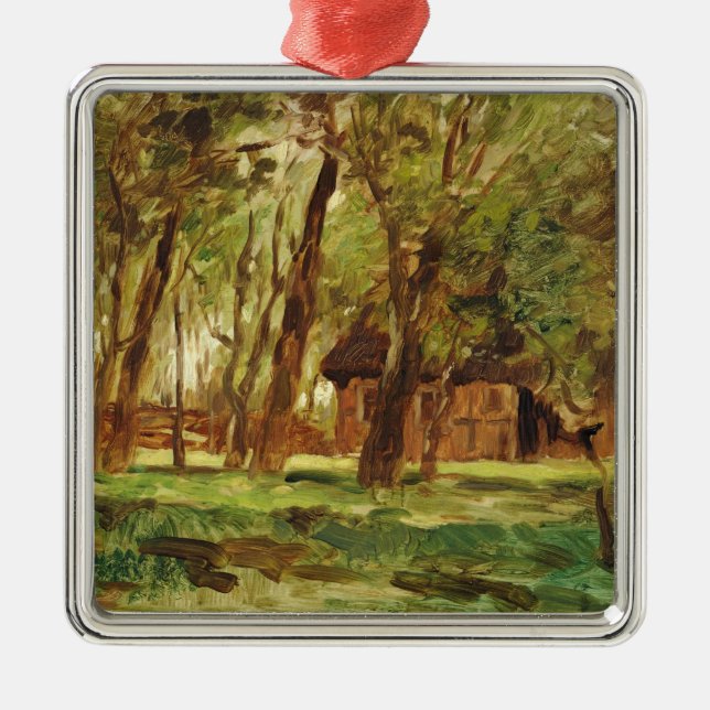 Farmstead unter Bäumen Silbernes Ornament (Vorne)