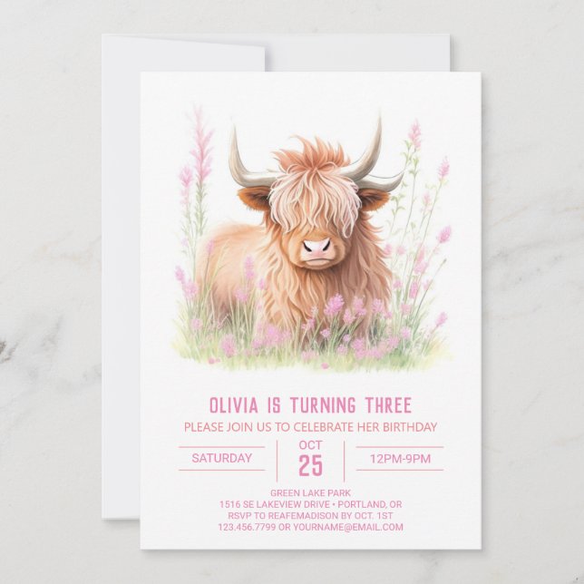 Farmyard Fun Highland Cow Girl Geburtstag Einladung (Vorderseite)