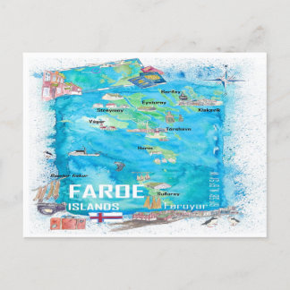 Färöer Illustrierte Reisekarte Postkarte