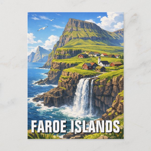 Färöer-Inseln Wasserfall Postkarte (Vorderseite)