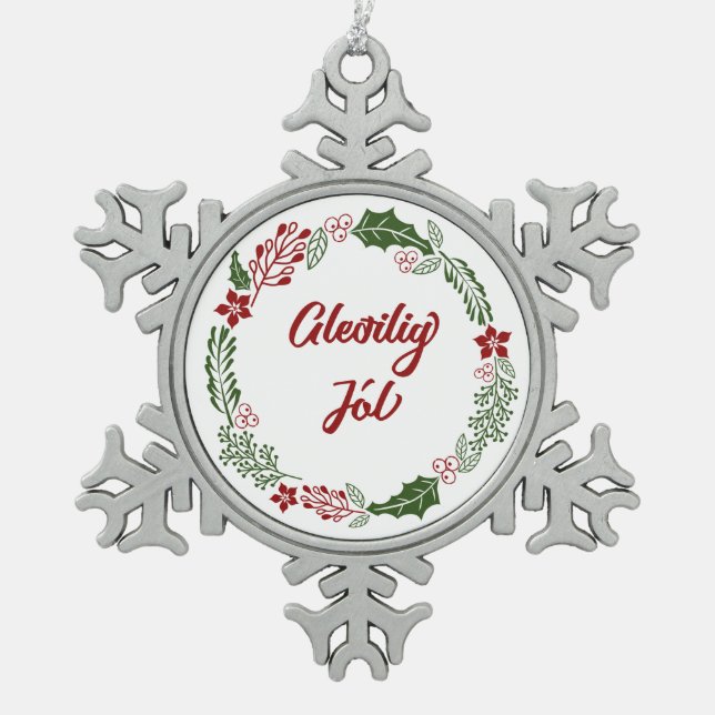 Faroese Frory Christmas Wreath, Gleðilig Jól Schneeflocken Zinn-Ornament (Vorderseite)