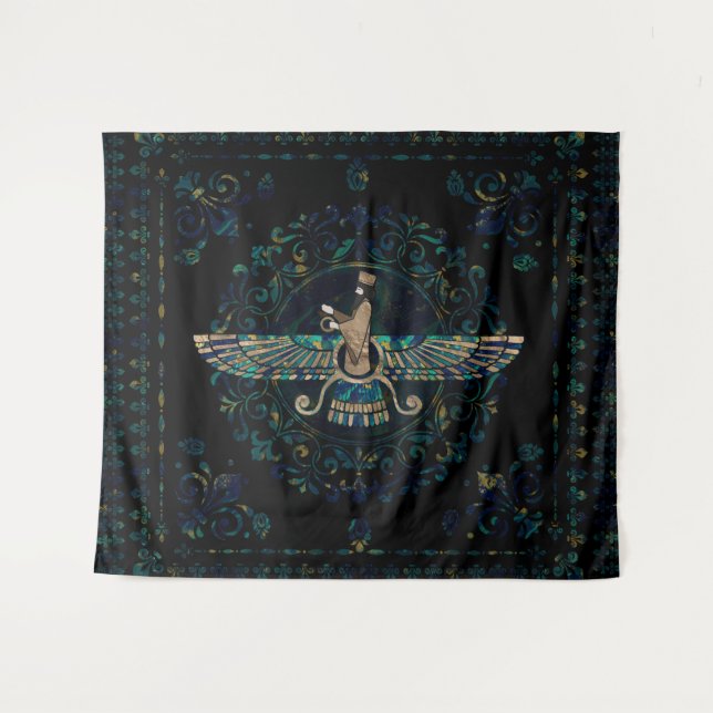 Farohar - Faravahar - Fravashi-Marmor und Gold Wandteppich (Vorderseite (Horizontal))