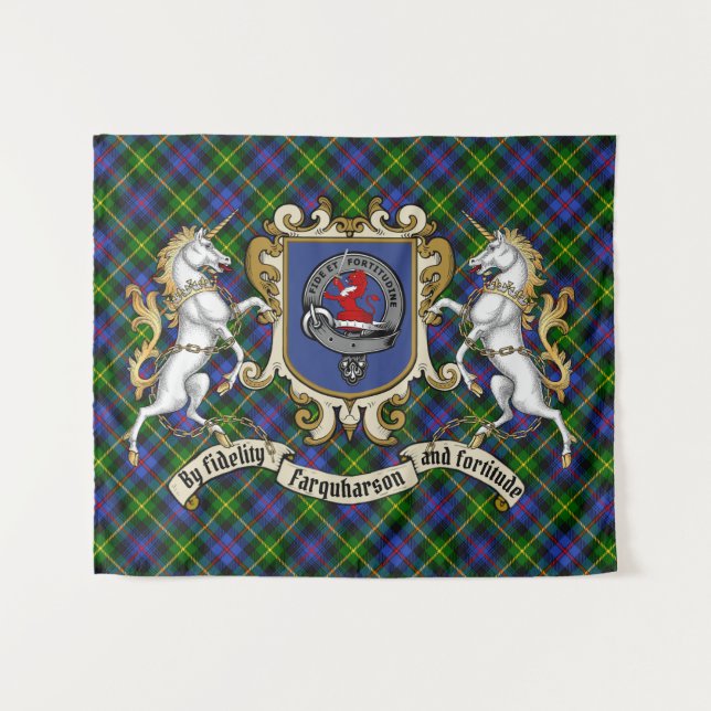 Farquharson Clan Abzeichen & Unicorns w/Tartan Wandteppich (Vorderseite (Horizontal))