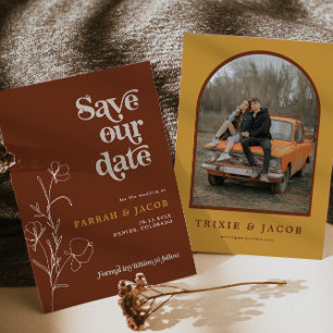 FARRAH Retro 70er Rust Floral Foto Save the Date Einladung