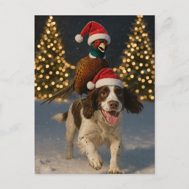 Fasan auf Springer Spaniel Weihnachtskarte Postkarte (Vorderseite)