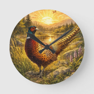 Fasan Sonnenuntergang Jagd Vogel Wildtier Geschenk Runde Wanduhr