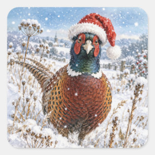 Fasan zu Weihnachten auf einem winterlichen Feld Quadratischer Aufkleber