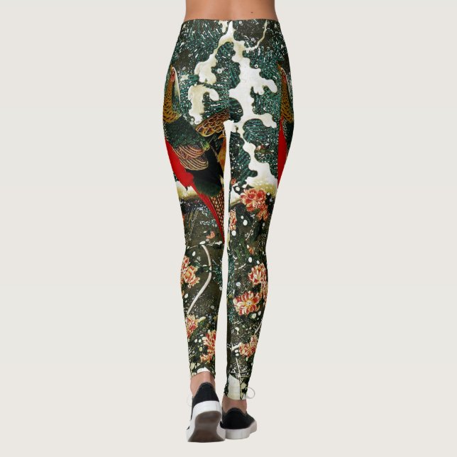 Fasane im Schnee, Pine Tree, Rose, japanisches Blu Leggings (Rückseite)