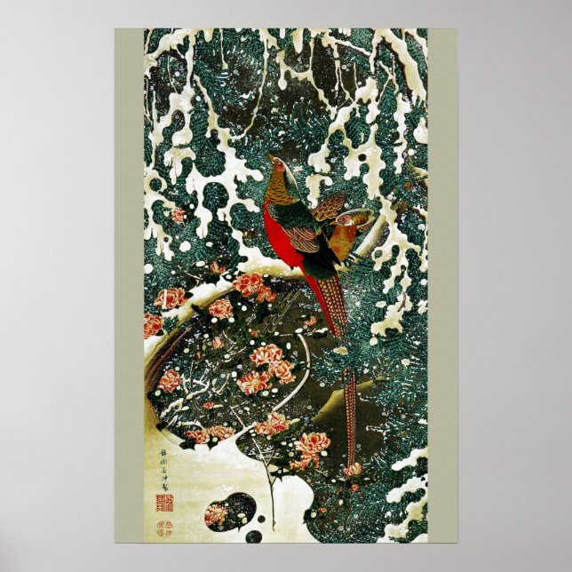 Fasane im Schnee, Pine Tree, Rose, japanisches Blu Poster (Vorne)