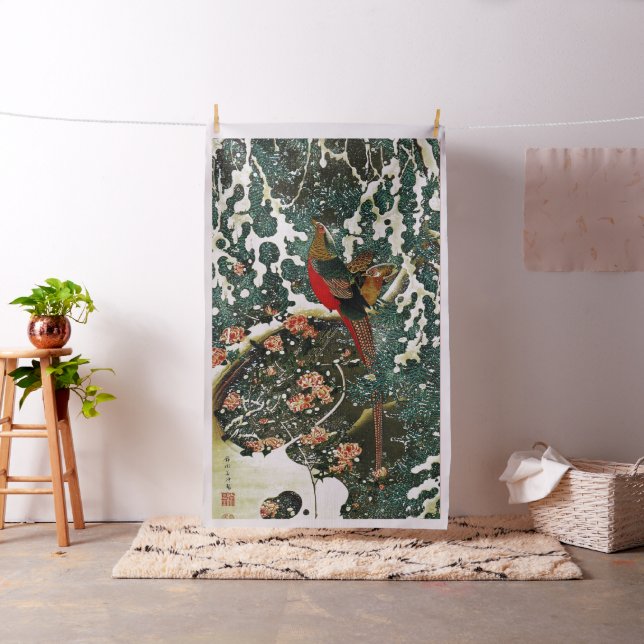 Fasane im Schnee, Pine Tree, Rose, japanisches Blu Stoff (Beispiel)
