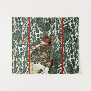 Fasane im Schnee, Pine Tree, Rose, japanisches Blu Wandteppich