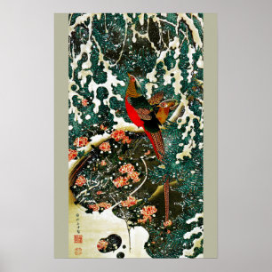 Fasanen im Schnee, Kiefer, Rosen, japanische Blume Poster