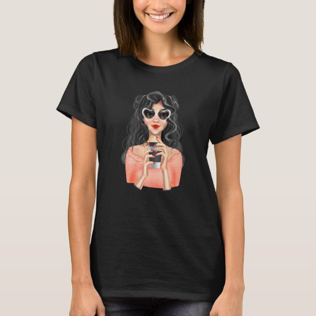 Fashion Blonde Girl With Cup of Coffee with Heart  T-Shirt (Vorderseite)