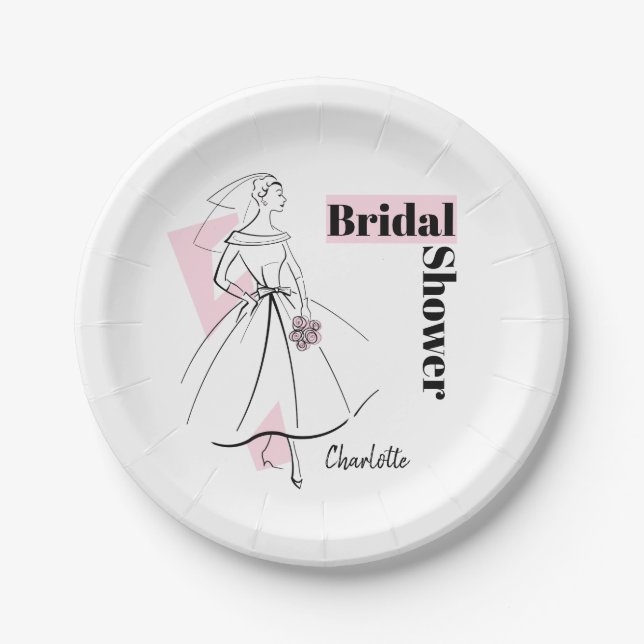 Fashion Bride Pink Brautparty Name Papier Teller (Vorderseite)