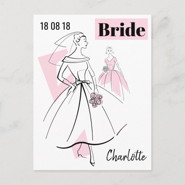 Fashion Bride Pink Group Datum Name Postkarte (Vorderseite)