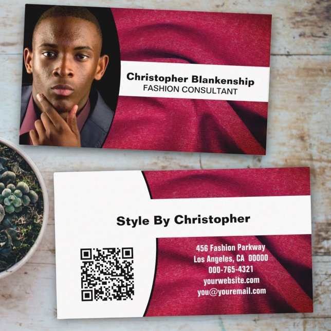 Fashion Consultant Burgundy Fabric Foto QR Code Visitenkarte (front and back custom photo business card)