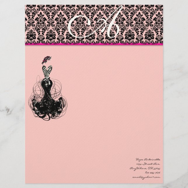 Fashion Diva Pink Raspberry Monogram Damask Briefbogen (Vorderseite)