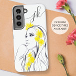 Fashion Gelbe Blumen Fashion Elegantes Monogramm Samsung Galaxy Hülle<br><div class="desc">Dieses hübsche Handy-Gehäuse entstand aus meiner originalen, minimalistischen Modebilderin einer wunderschönen Frau mit abstrakten gelben Blumen in ihren Haaren. Chic und künstlerisches Geschenk für alle, die Kunst und Schönheit Lieben; für Makeup Künstler, Friseur, Ästhetiker. ・ Personalisieren Sie es mit Ihrer Initialisierung in elegantem Skript oder passen Sie es weiter an...</div>