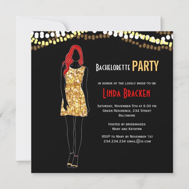 Fashion Girl Dress Lights Bachelorette Einladung (Vorderseite)