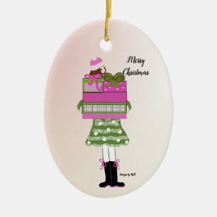Fashion Girl Laden mit Weihnachtspaketen Keramik Ornament
