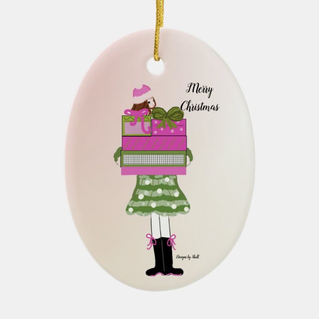 Fashion Girl Laden mit Weihnachtspaketen Keramik Ornament (Vorne)