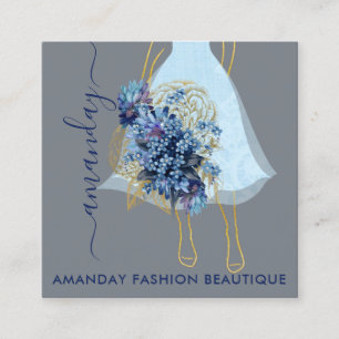 Fashion Gold Blue Dress Logo QRCode Floral Quadratische Visitenkarte