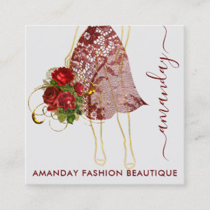 Fashion Gold Red Dress Logo QRCode Floral Quadratische Visitenkarte
