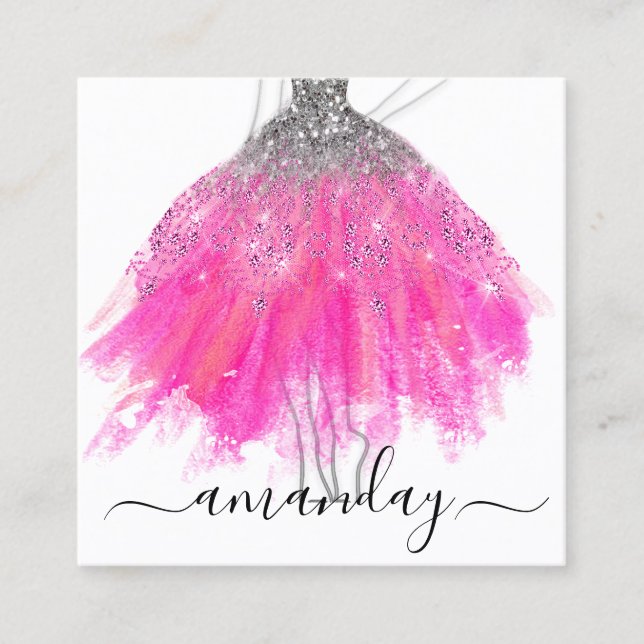 Fashion Grau Glitzer Dress Logo QR Stylist Pink Quadratische Visitenkarte (Vorderseite)