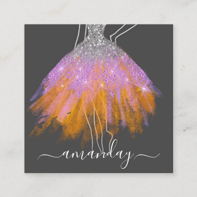 Fashion Gray Glitzer Dress Logo QR Stylist Orange Quadratische Visitenkarte (Vorderseite)