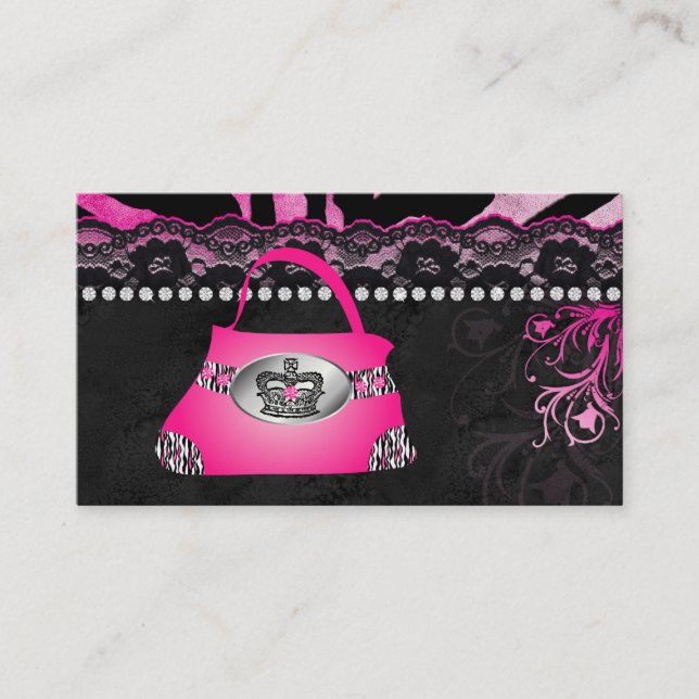Fashion Handbag Crown Purse Pink Lace Zebra Visitenkarte (Vorderseite)