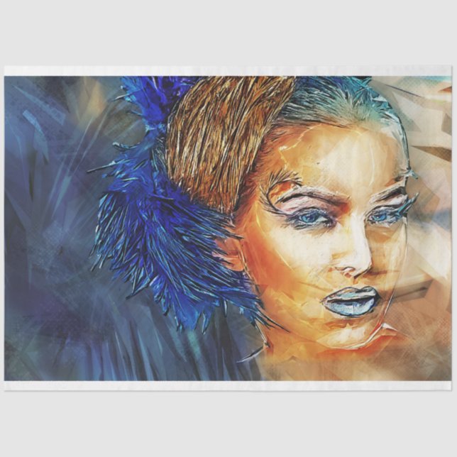 Fashion Model Face in Blue Seidenpapier (Vorderseite)
