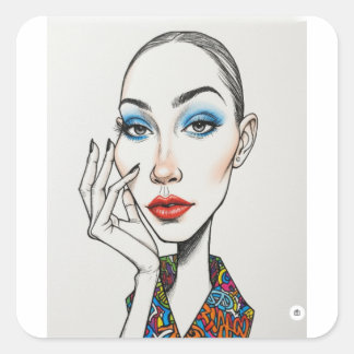 Fashion Model Pop Art Portrait Blue Eyeshadow Red  Quadratischer Aufkleber