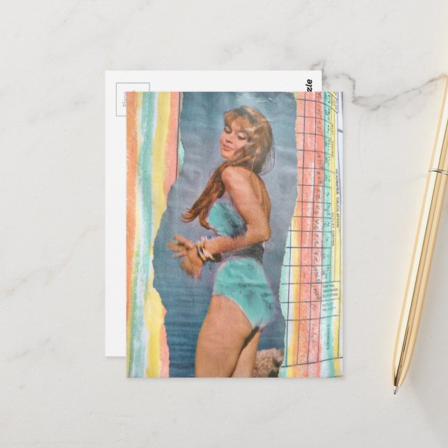 Fashion model Woman in 1957 on the beach collage Postkarte (Vorderseite/Rückseite Beispiel)