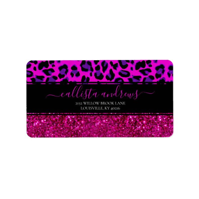 Fashion Modern Pink Purple Glitter Leopard. Adressaufkleber (Vorne)
