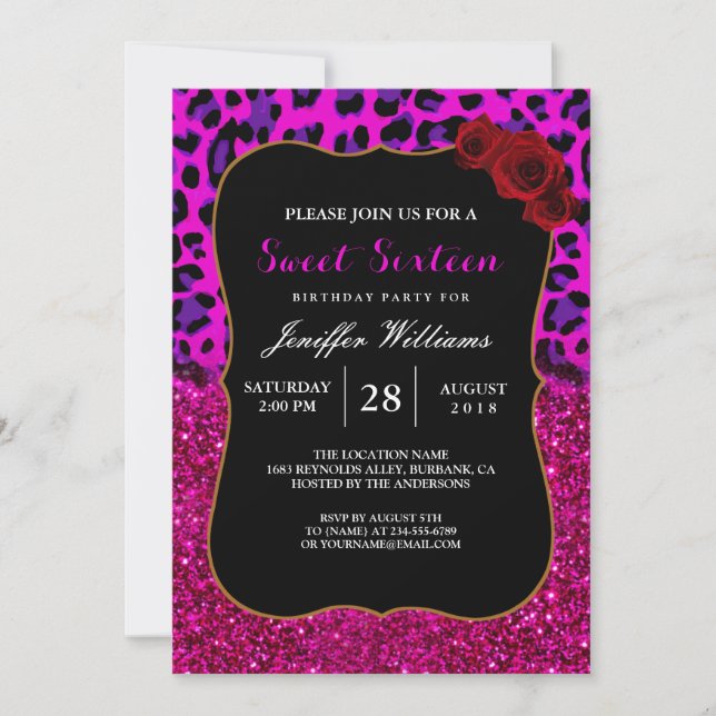 Fashion Modern Pink Purple Glitter Leopard. Einladung (Vorderseite)