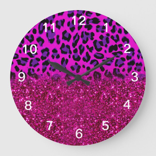 Fashion Modern Pink Purple Glitter Leopard Große Wanduhr (Vorderseite)