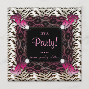 Fashion Party Zebra Lace Invite Pink Square Einladung