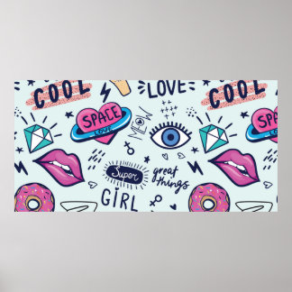 Fashion Patch Abzeichen. Nahtloses Muster mit rosa Poster