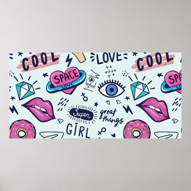 Fashion Patch Abzeichen. Nahtloses Muster mit rosa Poster (Vorne)
