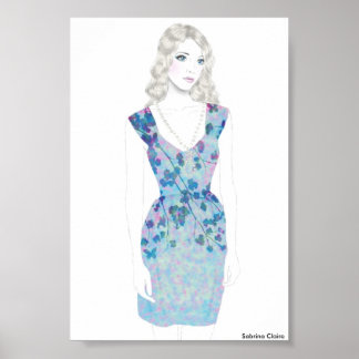 Fashion Sketch - Aquarellfarbenes Blumenkleid Poster