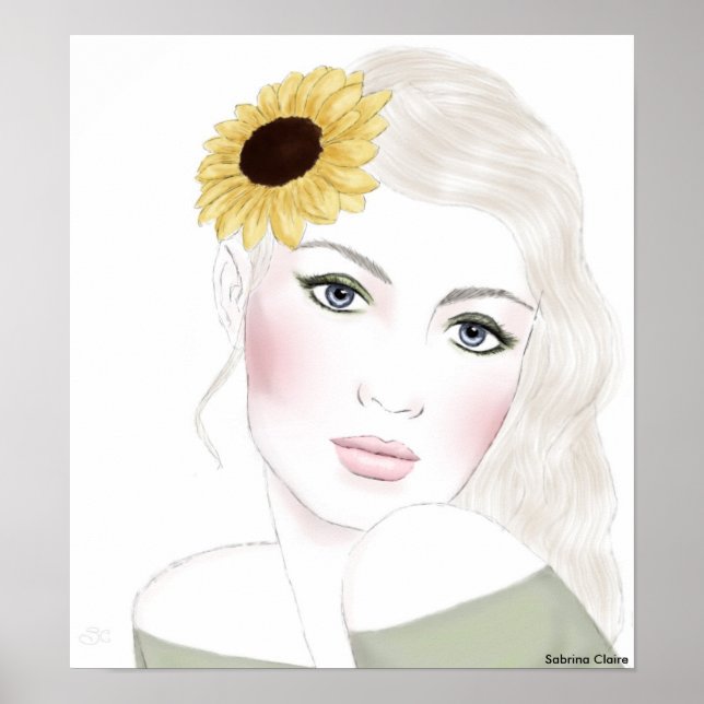Fashion Sketch - Sonnenblumen in ihrem Haar Poster (Vorne)